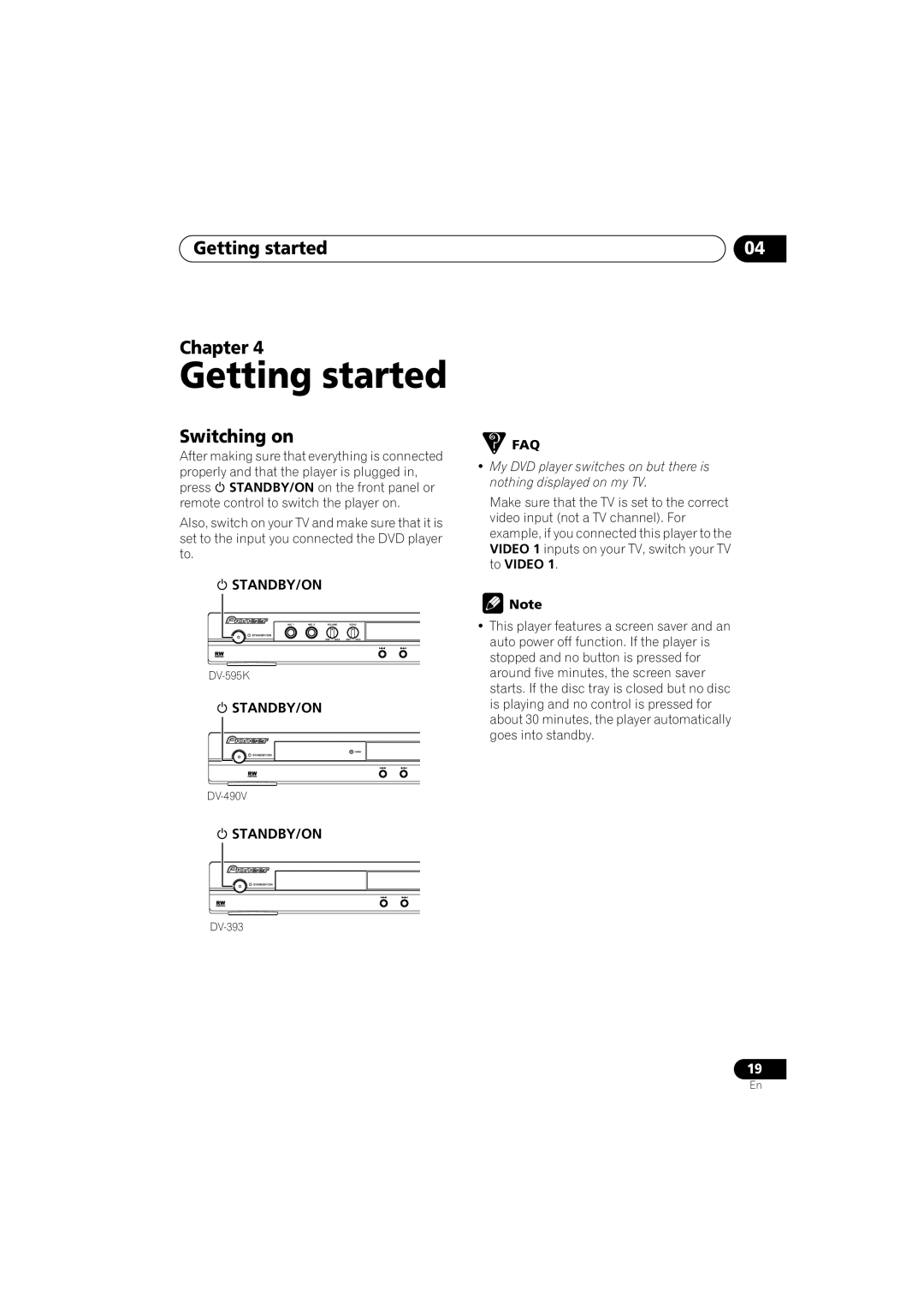 Pioneer DV-490V-S, DV-595K-S operating instructions Getting started Chapter, Switching on 