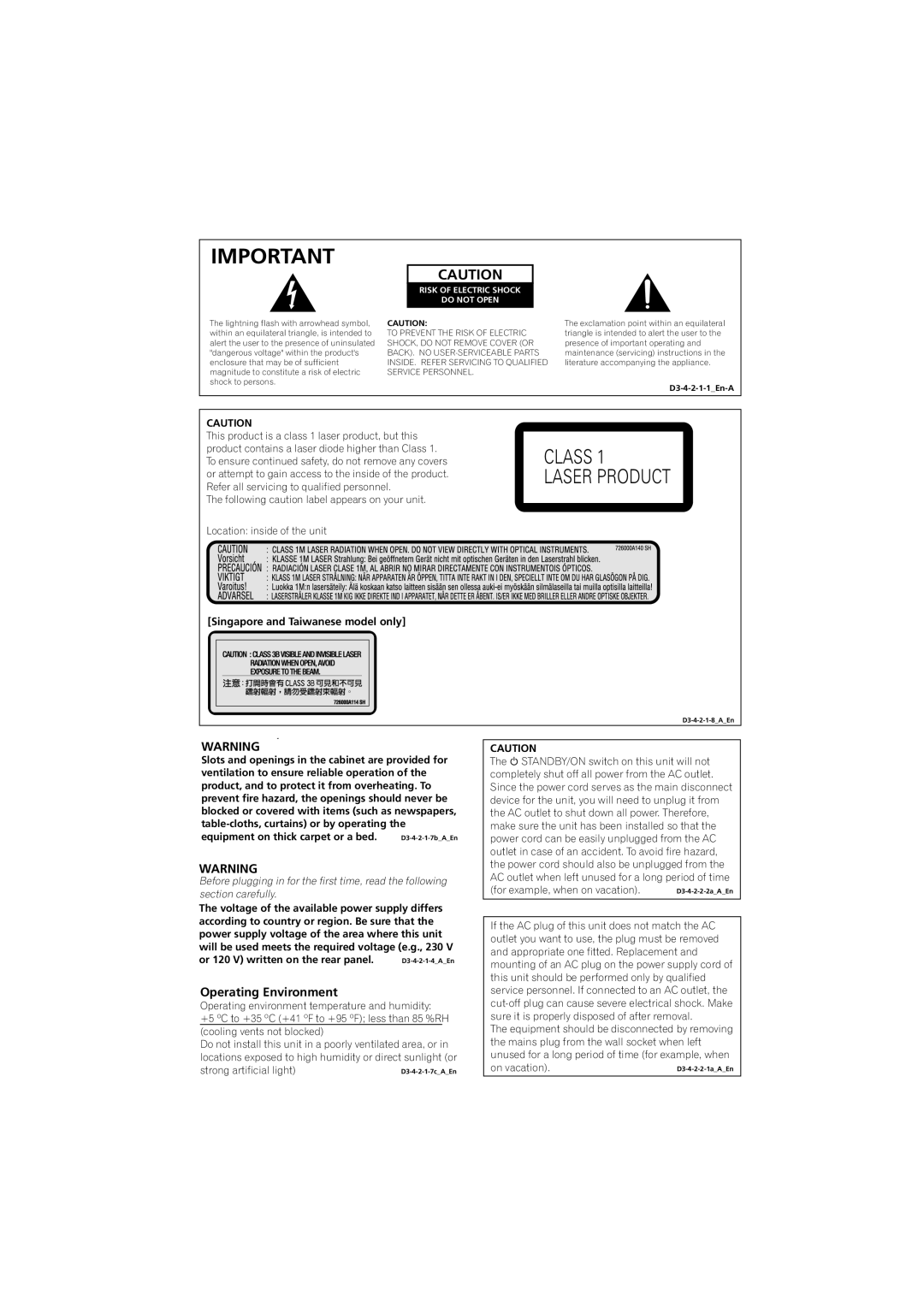 Pioneer DV-595K-S, DV-490V-S operating instructions Operating Environment, Risk of Electric Shock Do not Open 