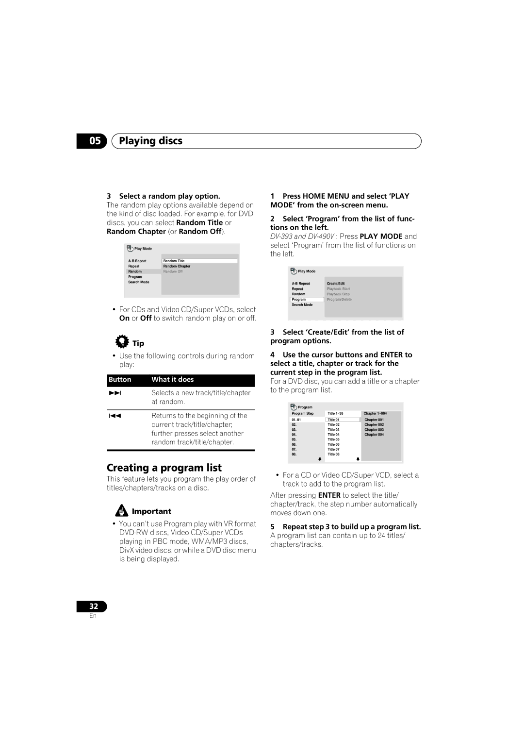 Pioneer DV-595K-S, DV-490V-S operating instructions Creating a program list, Select a random play option 