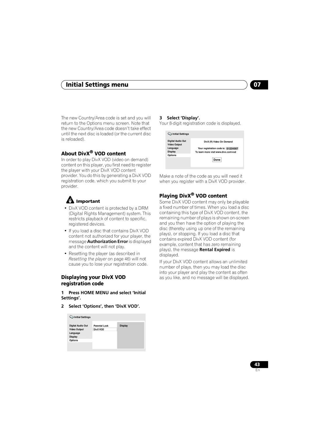 Pioneer DV-490V-S, DV-595K-S About DivX VOD content, Displaying your DivX VOD registration code, Playing DivX VOD content 