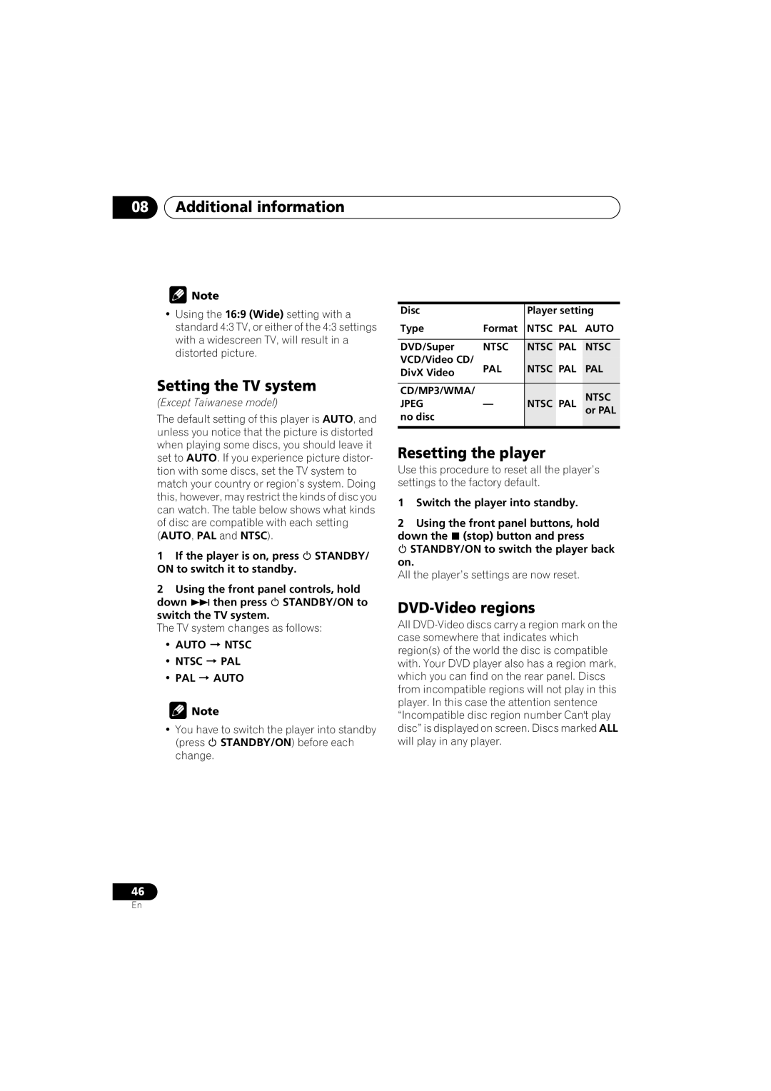 Pioneer DV-595K-S, DV-490V-S operating instructions Setting the TV system, Resetting the player, DVD-Video regions 