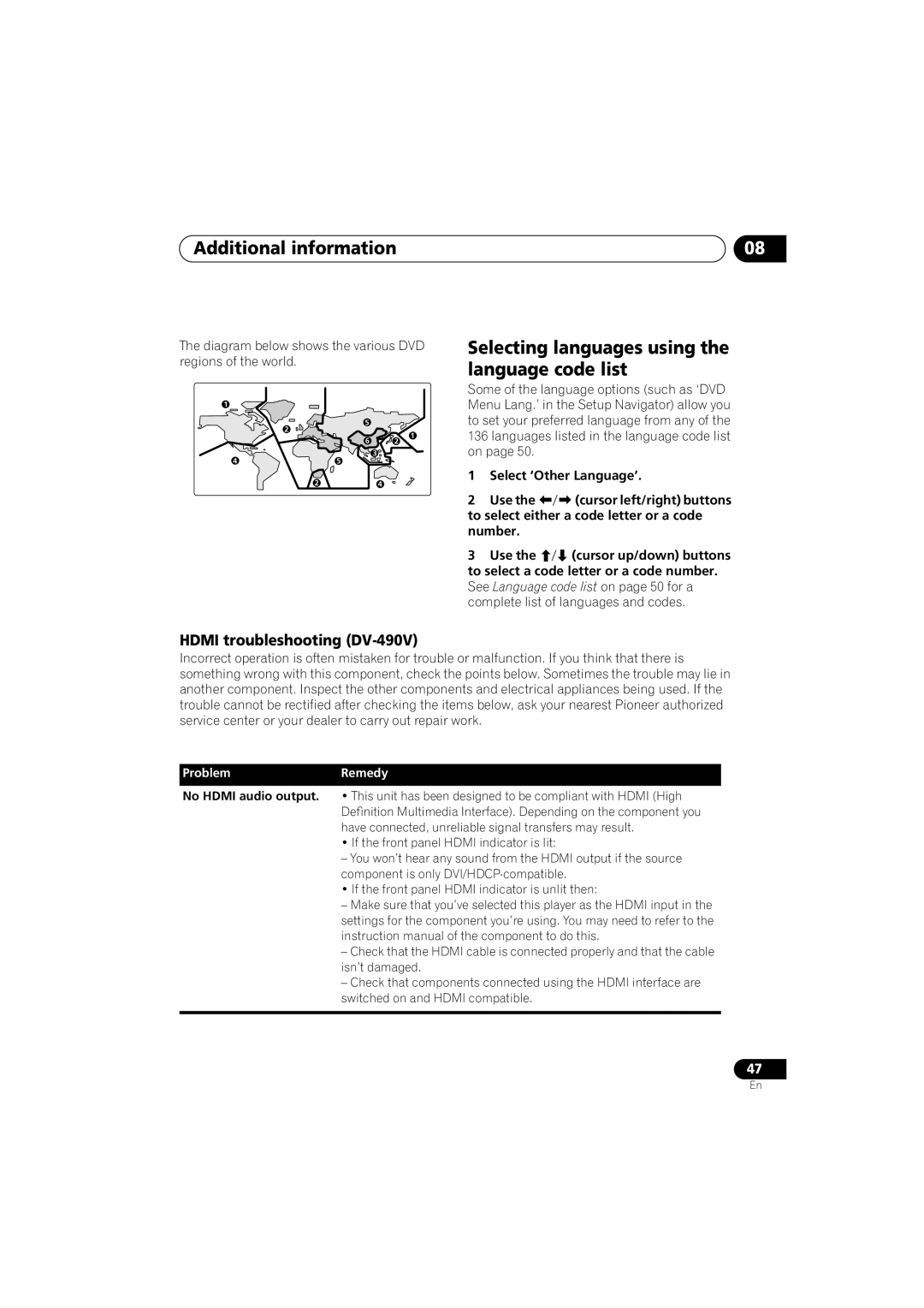 Pioneer DV-490V-S, DV-595K-S Selecting languages using the language code list, Hdmi troubleshooting DV-490V 
