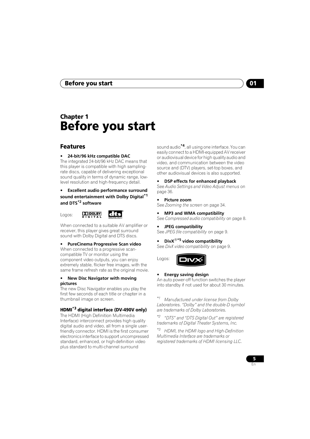 Pioneer DV-490V-S, DV-595K-S operating instructions Before you start Chapter, Features 