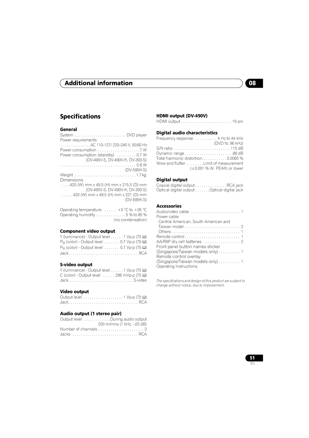 Pioneer DV-490V-S, DV-595K-S operating instructions Additional information Specifications, General 