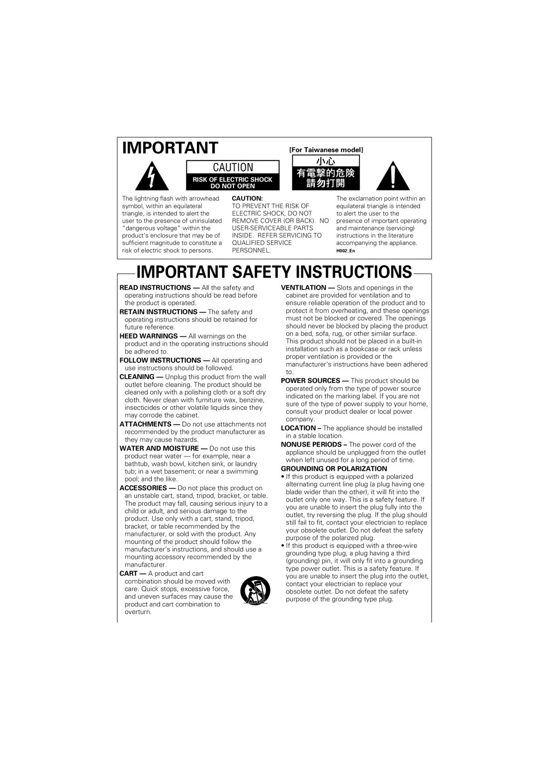 Pioneer DV-59AVI, DV-S969AVi operating instructions Important Safety Instructions 