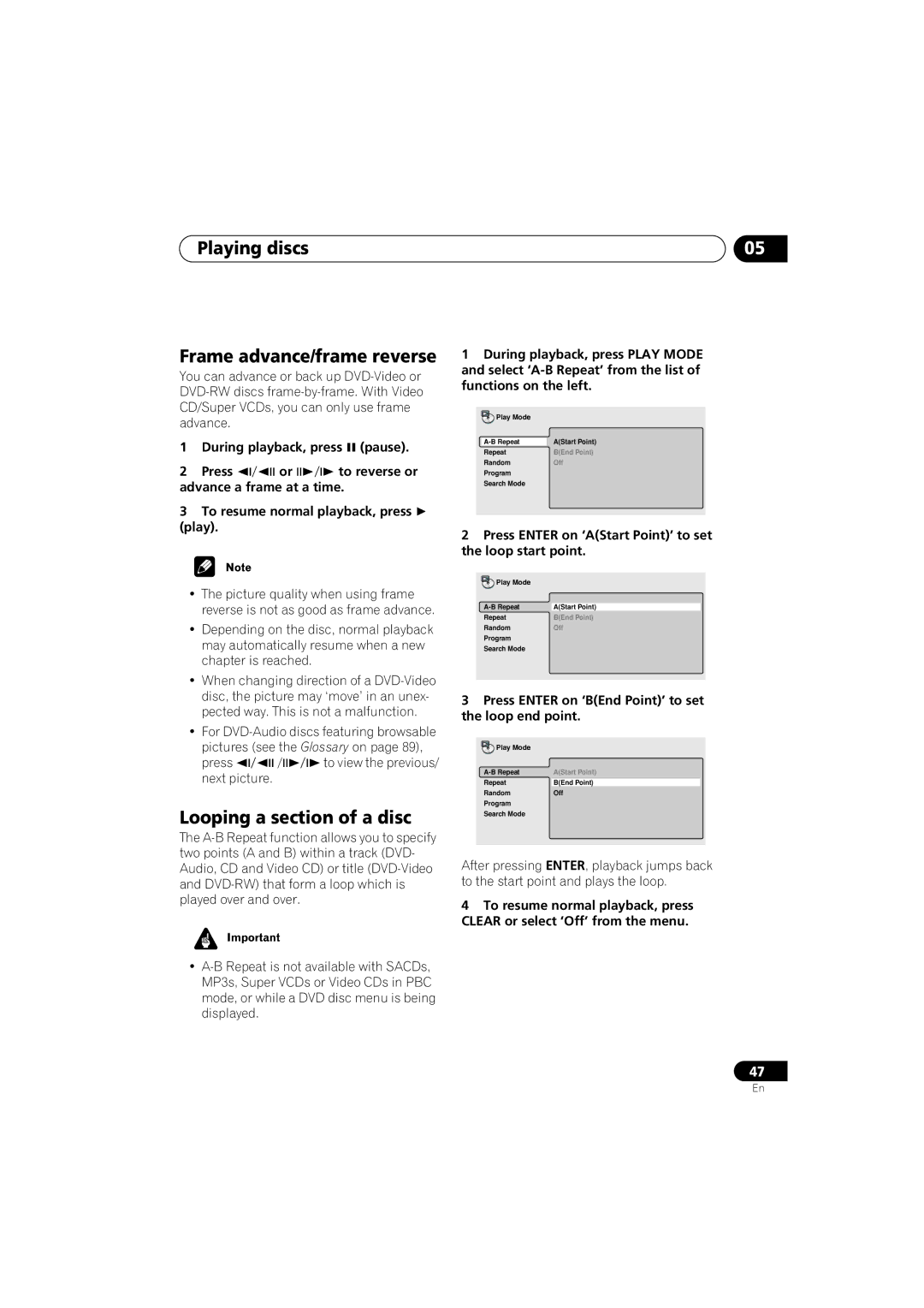 Pioneer DV-S969AVi, DV-59AVI operating instructions Playing discs Frame advance/frame reverse, Looping a section of a disc 