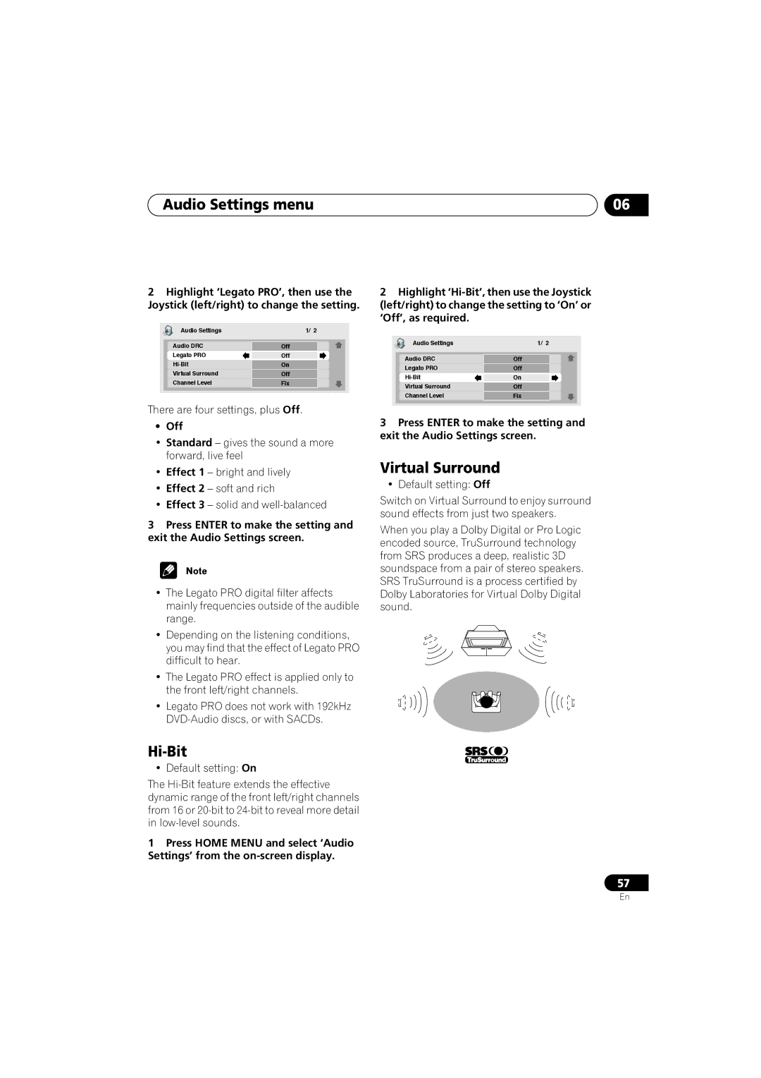 Pioneer DV-S969AVi, DV-59AVI Audio Settings menu, Hi-Bit, Virtual Surround, There are four settings, plus Off 