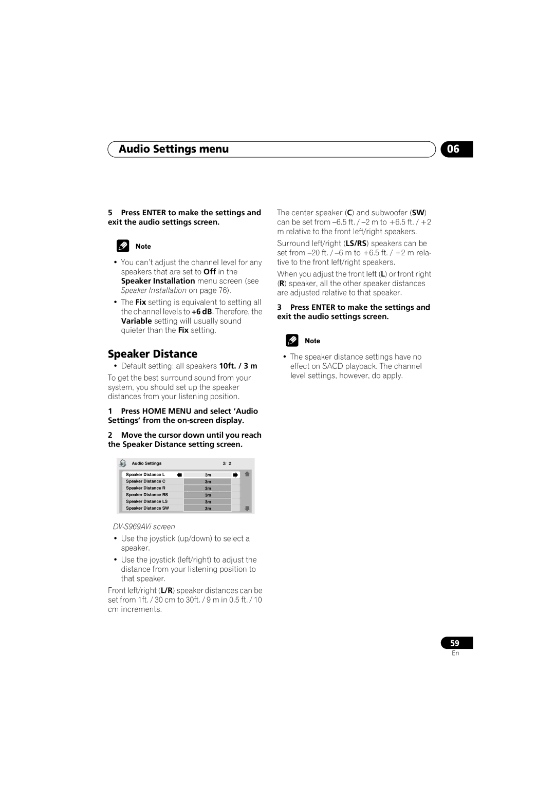 Pioneer DV-59AVI operating instructions Speaker Distance, DV-S969AVi screen 