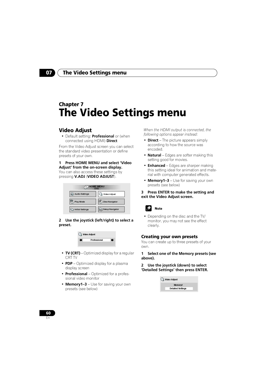 Pioneer DV-59AVI, DV-S969AVi operating instructions Video Settings menu Chapter, Video Adjust, Creating your own presets 