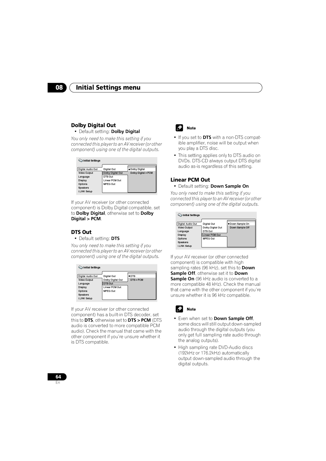 Pioneer DV-59AVI, DV-S969AVi operating instructions Initial Settings menu, Dolby Digital Out, DTS Out, Linear PCM Out 