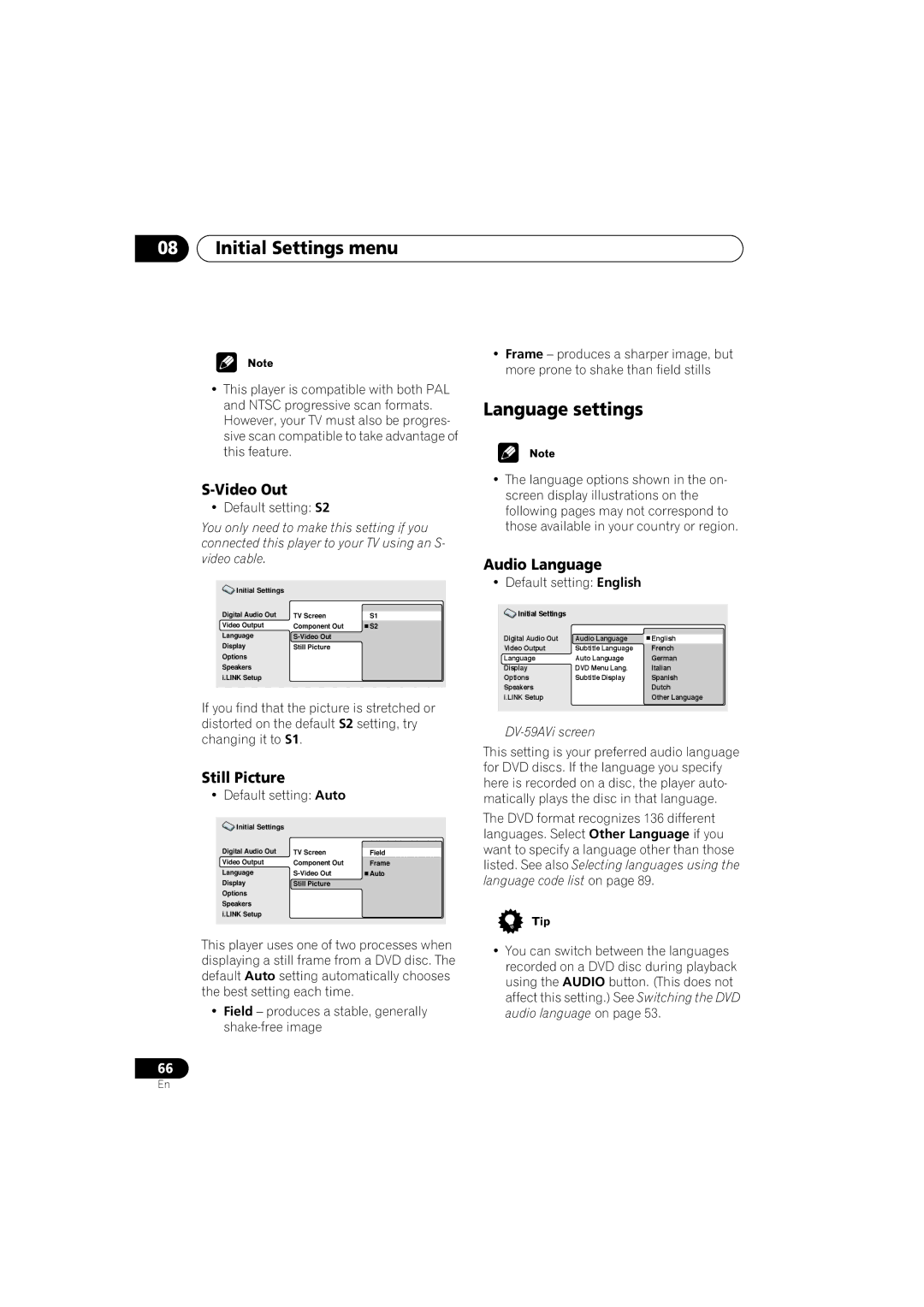 Pioneer DV-59AVI, DV-S969AVi operating instructions Language settings, Video Out, Still Picture, Audio Language 