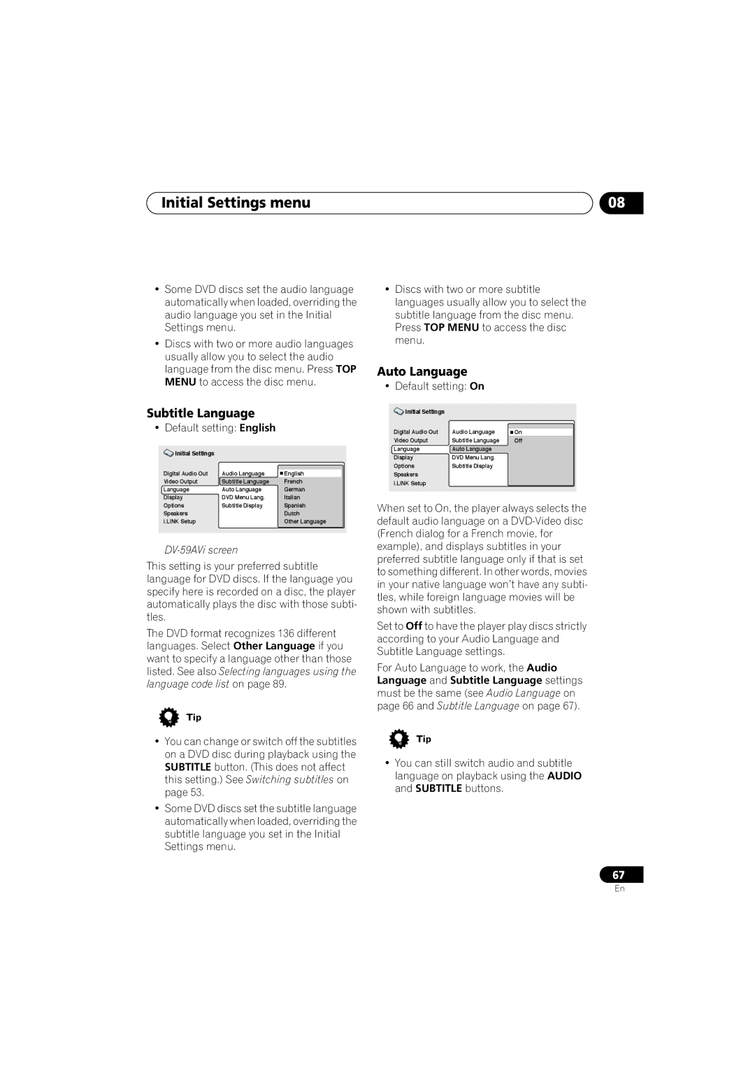 Pioneer DV-S969AVi, DV-59AVI operating instructions Subtitle Language, Auto Language 