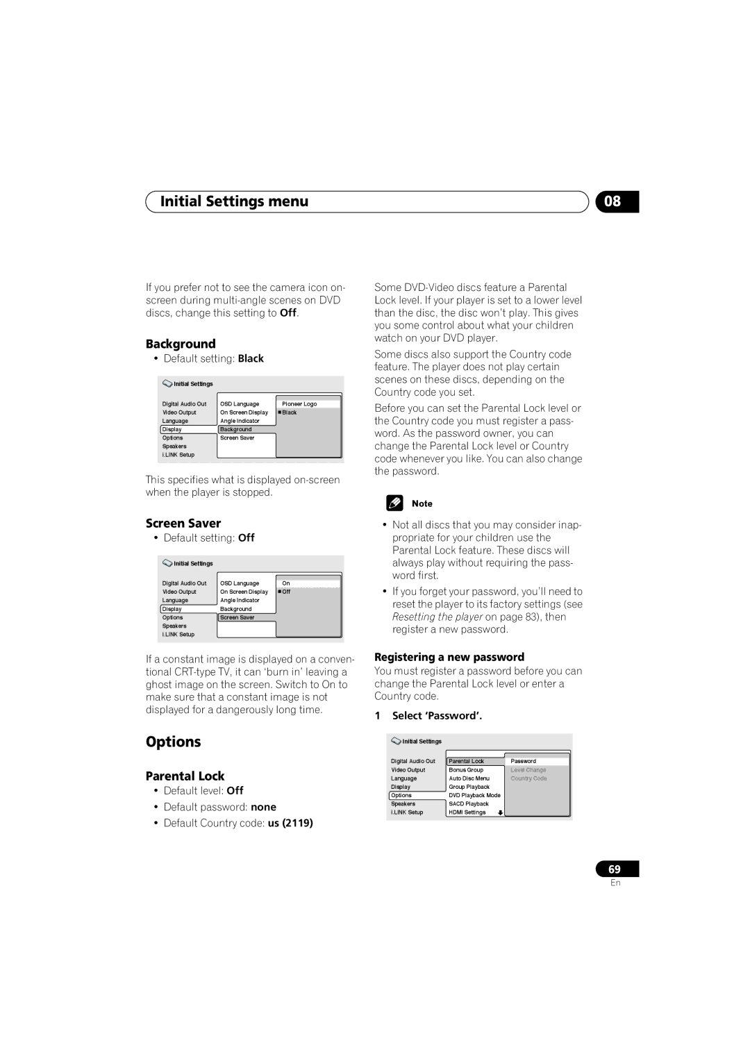 Pioneer DV-S969AVi, DV-59AVI Options, Background, Screen Saver, Parental Lock, Registering a new password 
