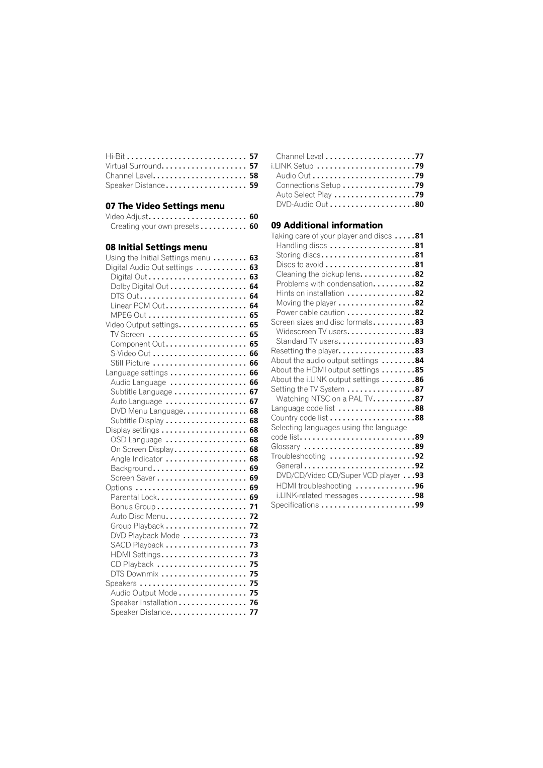 Pioneer DV-S969AVi, DV-59AVI Video Settings menu, Initial Settings menu, Additional information, Video Adjust 