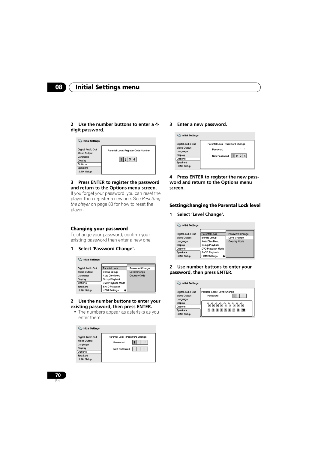 Pioneer DV-59AVI, DV-S969AVi Changing your password, Setting/changing the Parental Lock level, Select ‘Password Change’ 