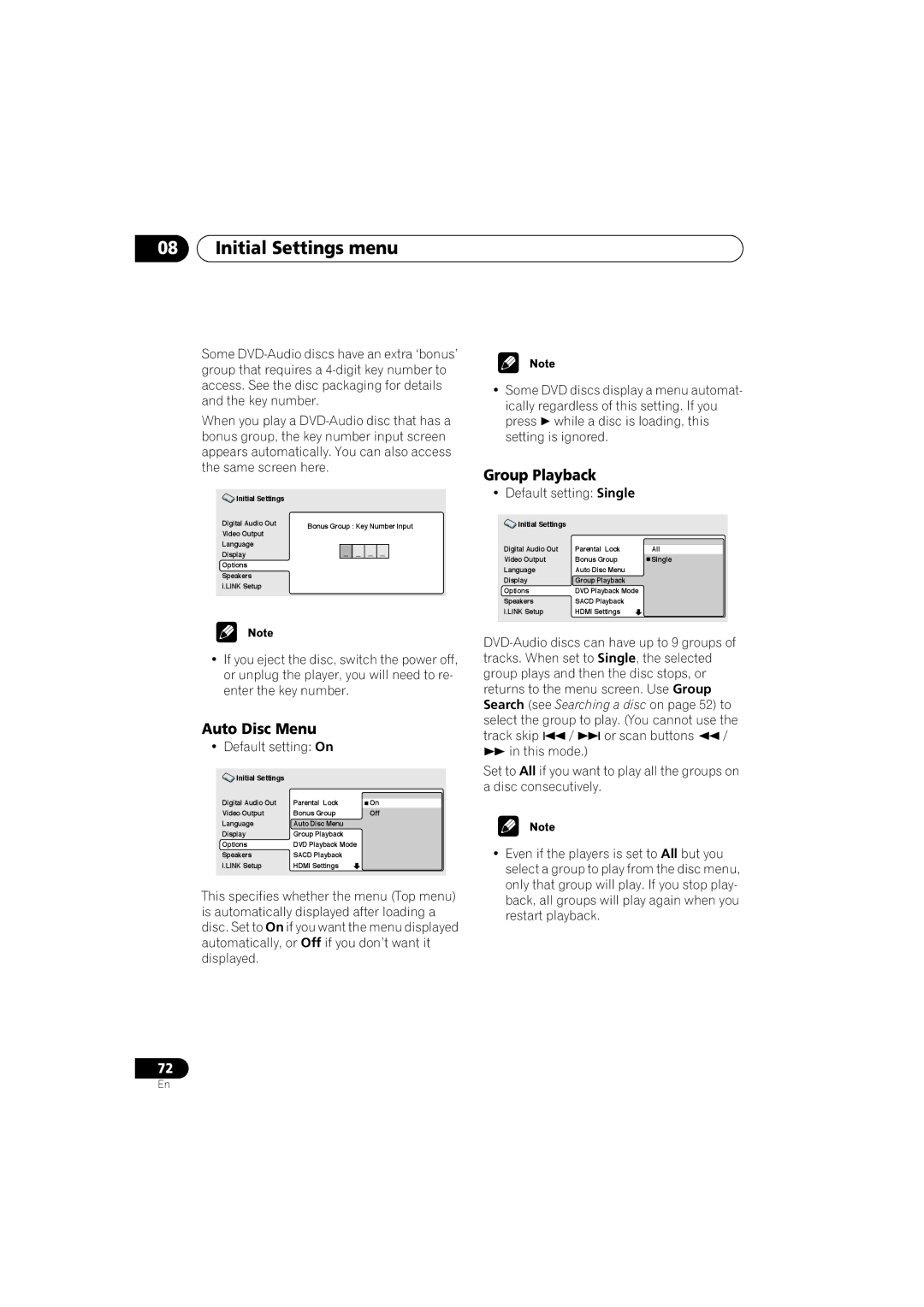 Pioneer DV-59AVI, DV-S969AVi operating instructions Auto Disc Menu, Group Playback, Default setting Single 