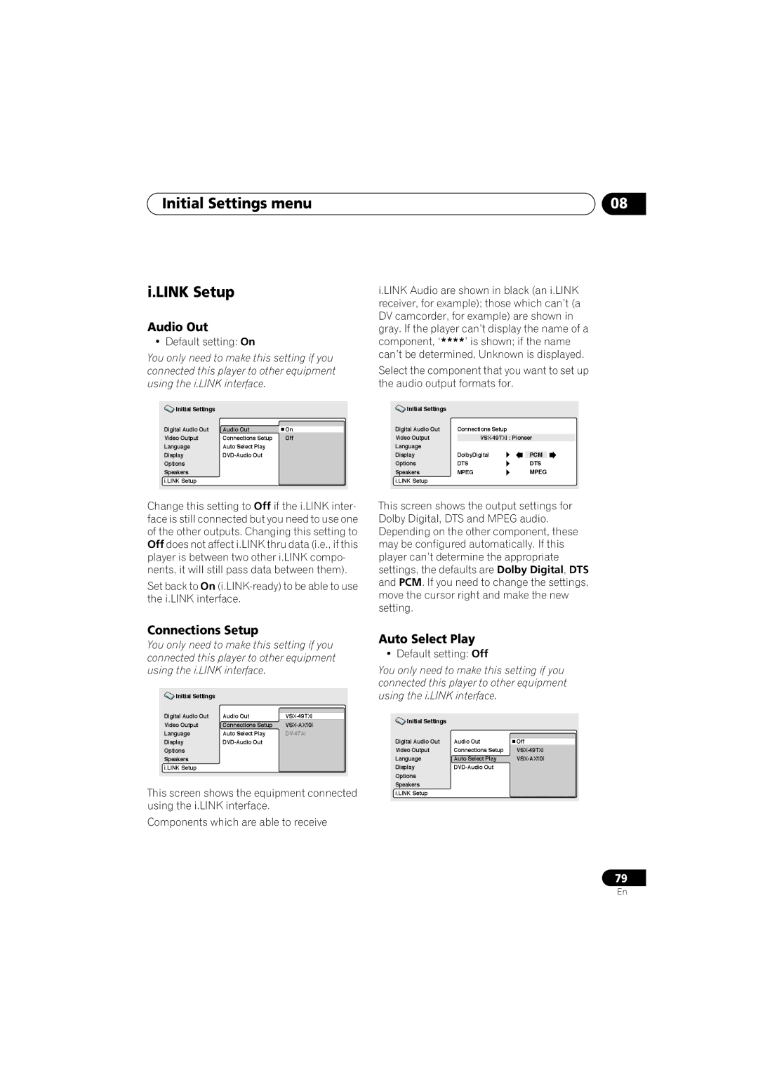 Pioneer DV-S969AVi, DV-59AVI Initial Settings menu Link Setup, Audio Out, Connections Setup, Auto Select Play 