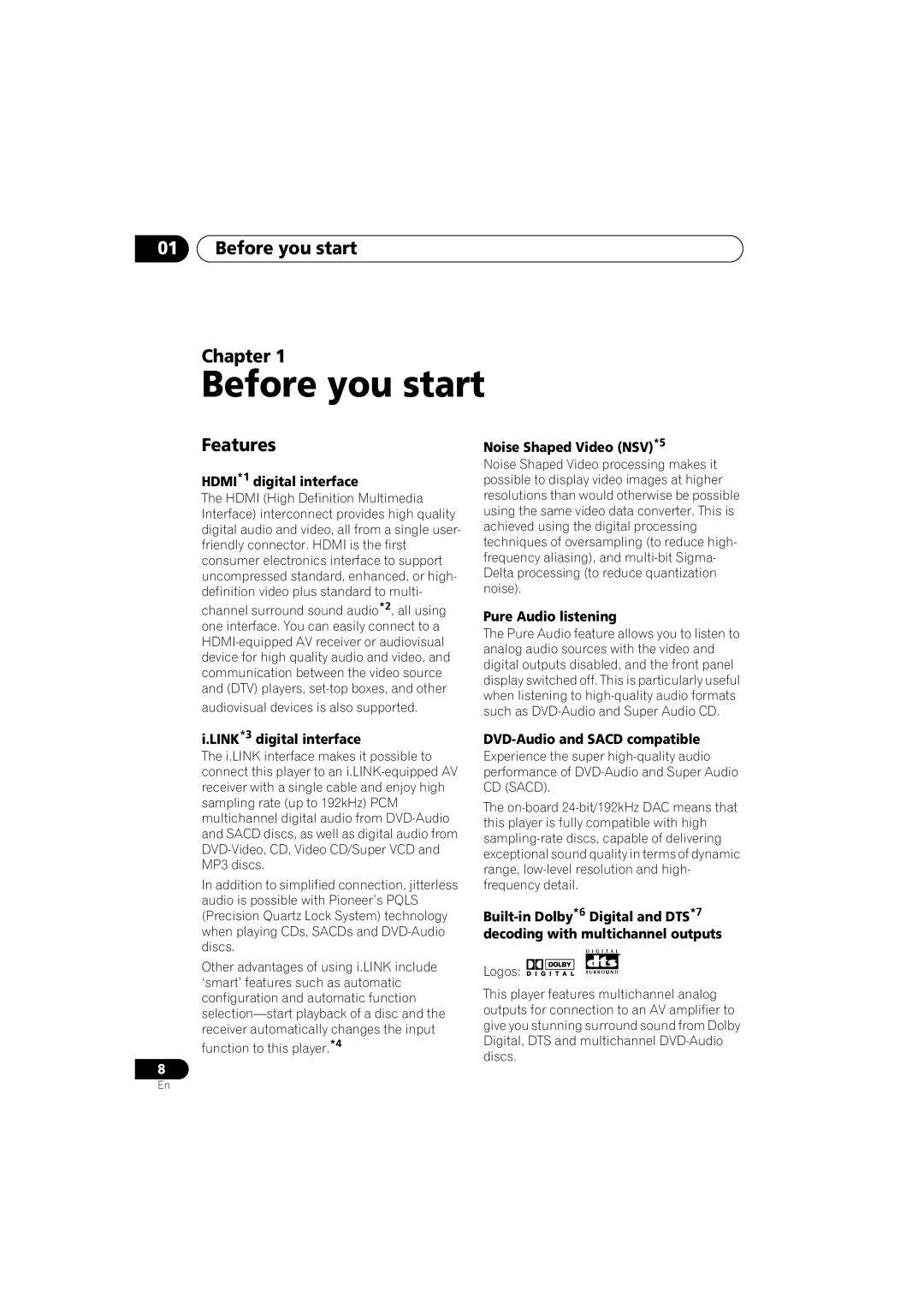 Pioneer DV-59AVI, DV-S969AVi operating instructions Before you start Chapter, Features 