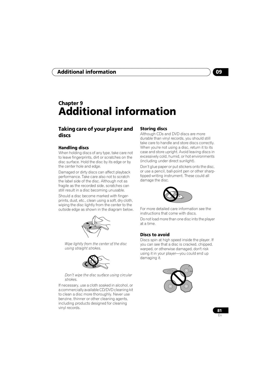 Pioneer DV-S969AVi, DV-59AVI operating instructions Additional information Chapter, Taking care of your player and discs 