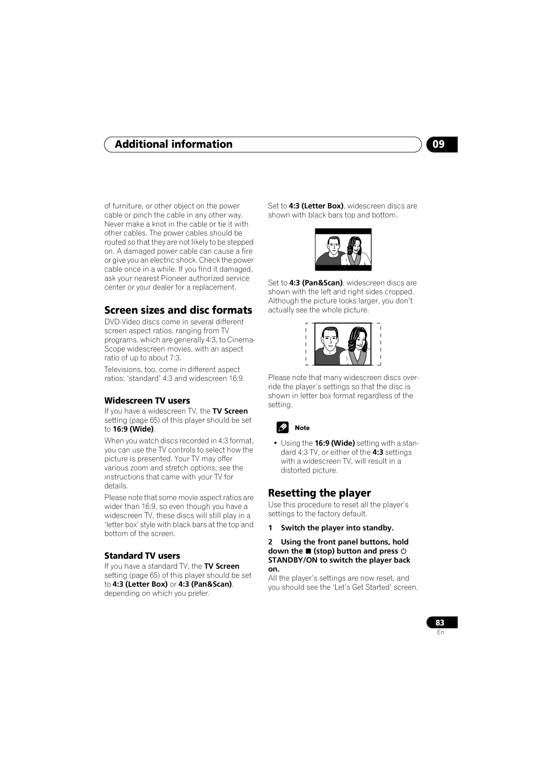 Pioneer DV-S969AVi, DV-59AVI Screen sizes and disc formats, Resetting the player, Widescreen TV users, Standard TV users 