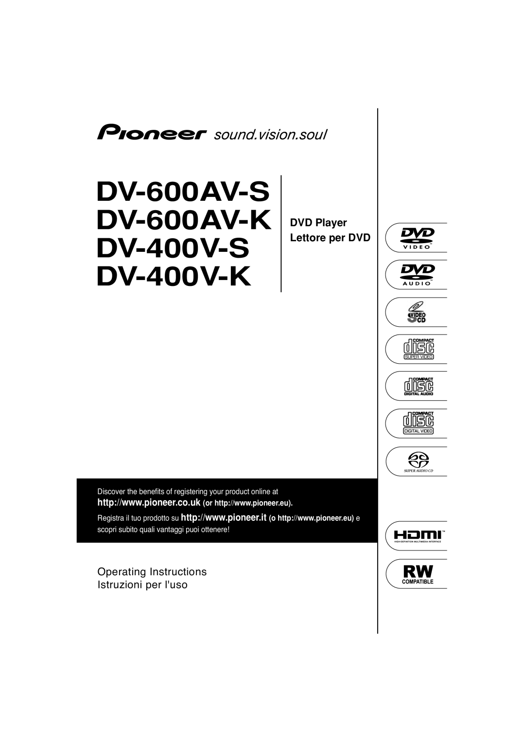 Pioneer operating instructions DV-600AV-S DV-600AV-K DV-400V-S DV-400V-K, DVD Player Lettore per DVD 