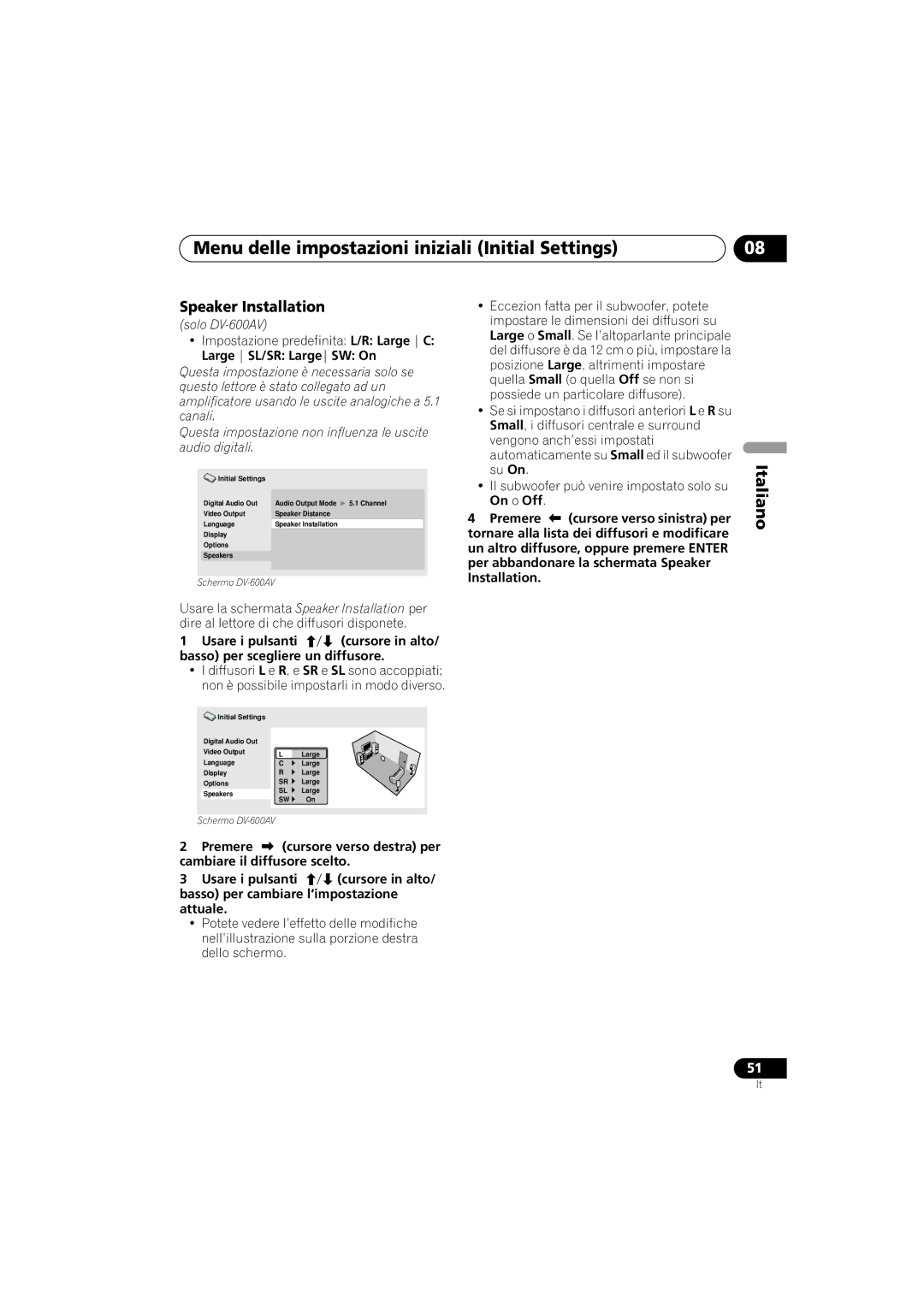 Pioneer DV-400V-K, DV-600AV-K operating instructions Large SL/SR LargeSW On, Cambiare il diffusore scelto 