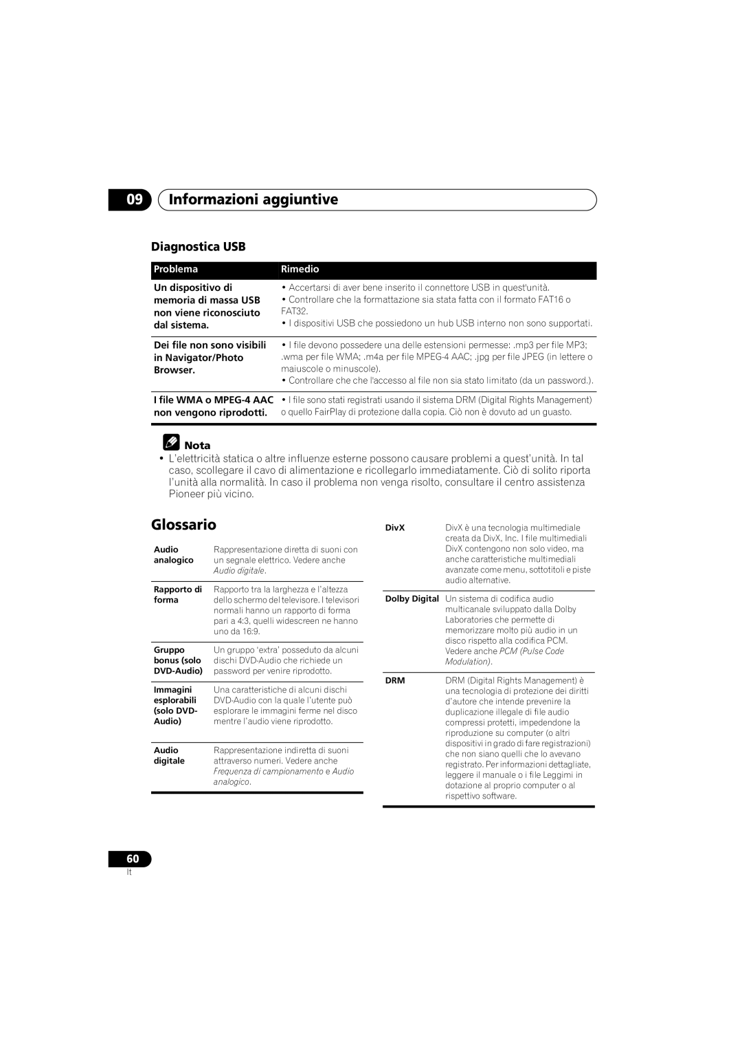 Pioneer DV-600AV-K, DV-400V-K operating instructions Glossario, Diagnostica USB 