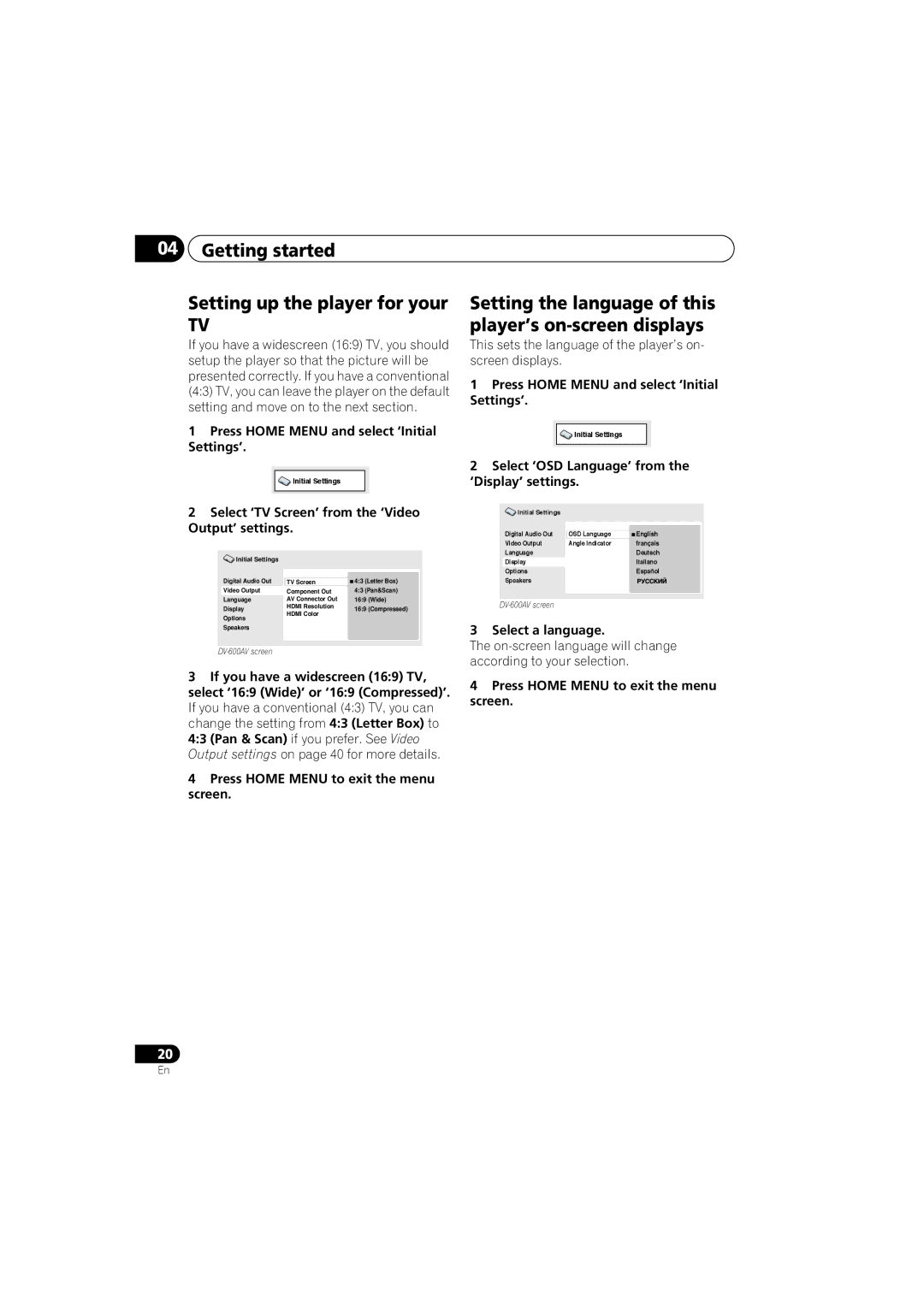 Pioneer DV-600AV-K, DV-400V-K operating instructions Getting started Setting up the player for your 