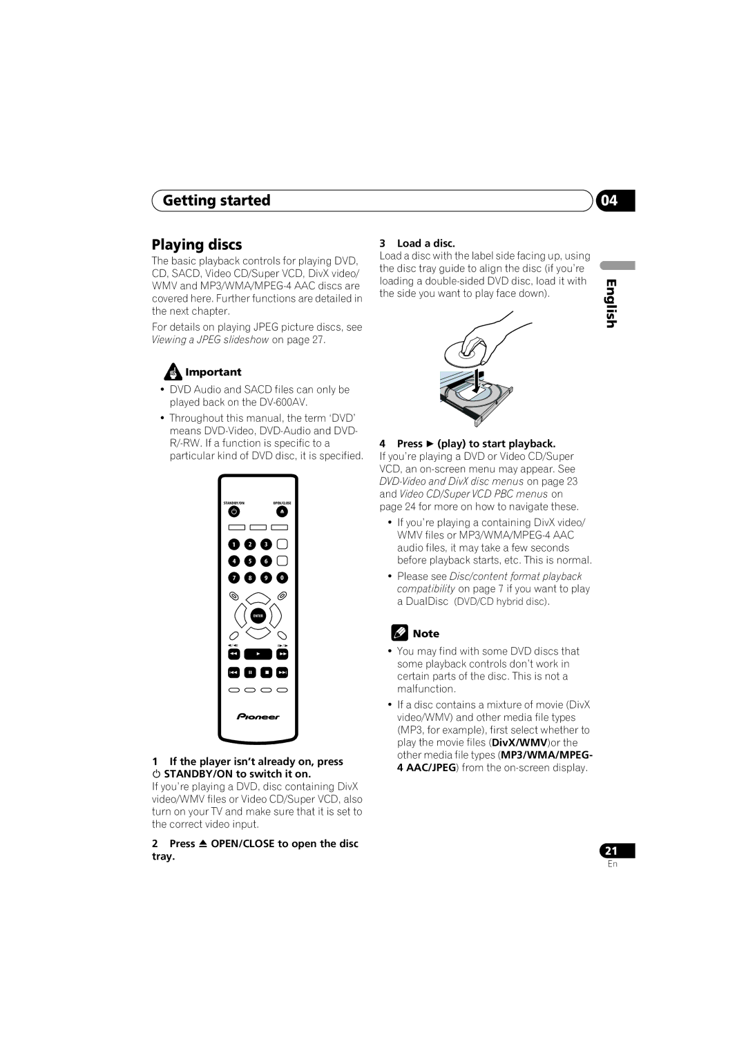 Pioneer DV-400V-K, DV-600AV-K Getting started Playing discs, Press OPEN/CLOSE to open the disc tray Load a disc 