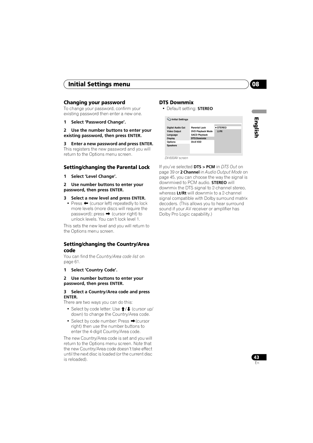 Pioneer DV-400V-K Initial Settings menu, Changing your password, Setting/changing the Parental Lock, DTS Downmix 