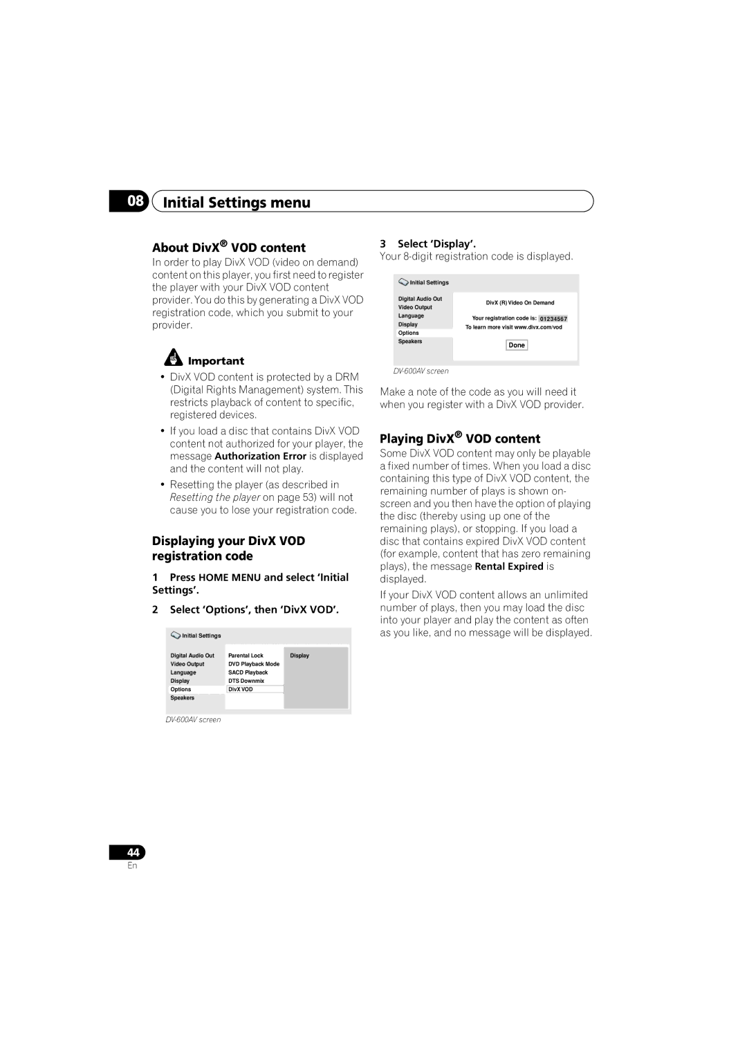 Pioneer DV-600AV-K, DV-400V-K About DivX VOD content, Displaying your DivX VOD registration code, Playing DivX VOD content 