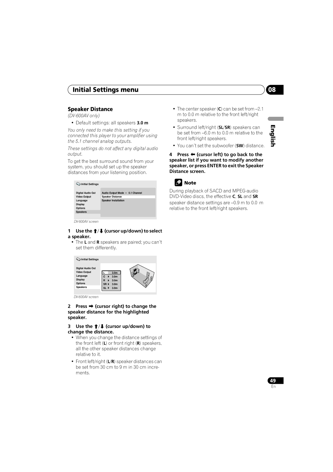 Pioneer DV-400V-K, DV-600AV-K operating instructions Speaker Distance, Use, Speaker distance for the highlighted 