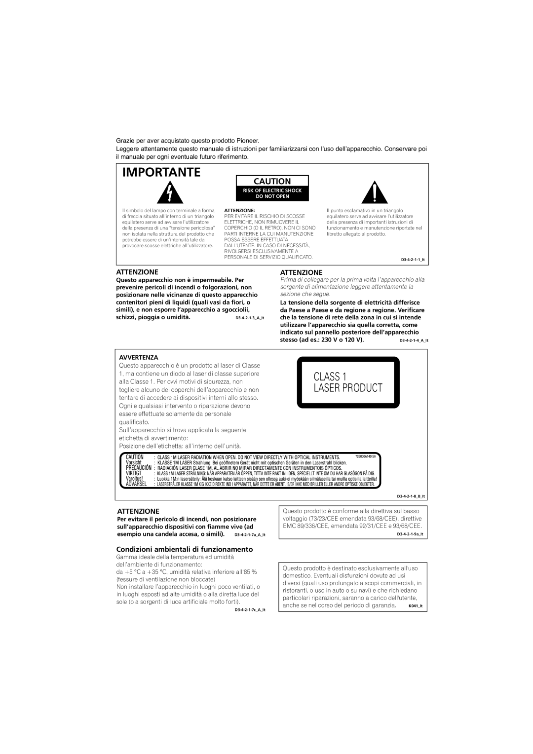 Pioneer DV-600AV-K, DV-400V-K operating instructions Attenzione, Condizioni ambientali di funzionamento 