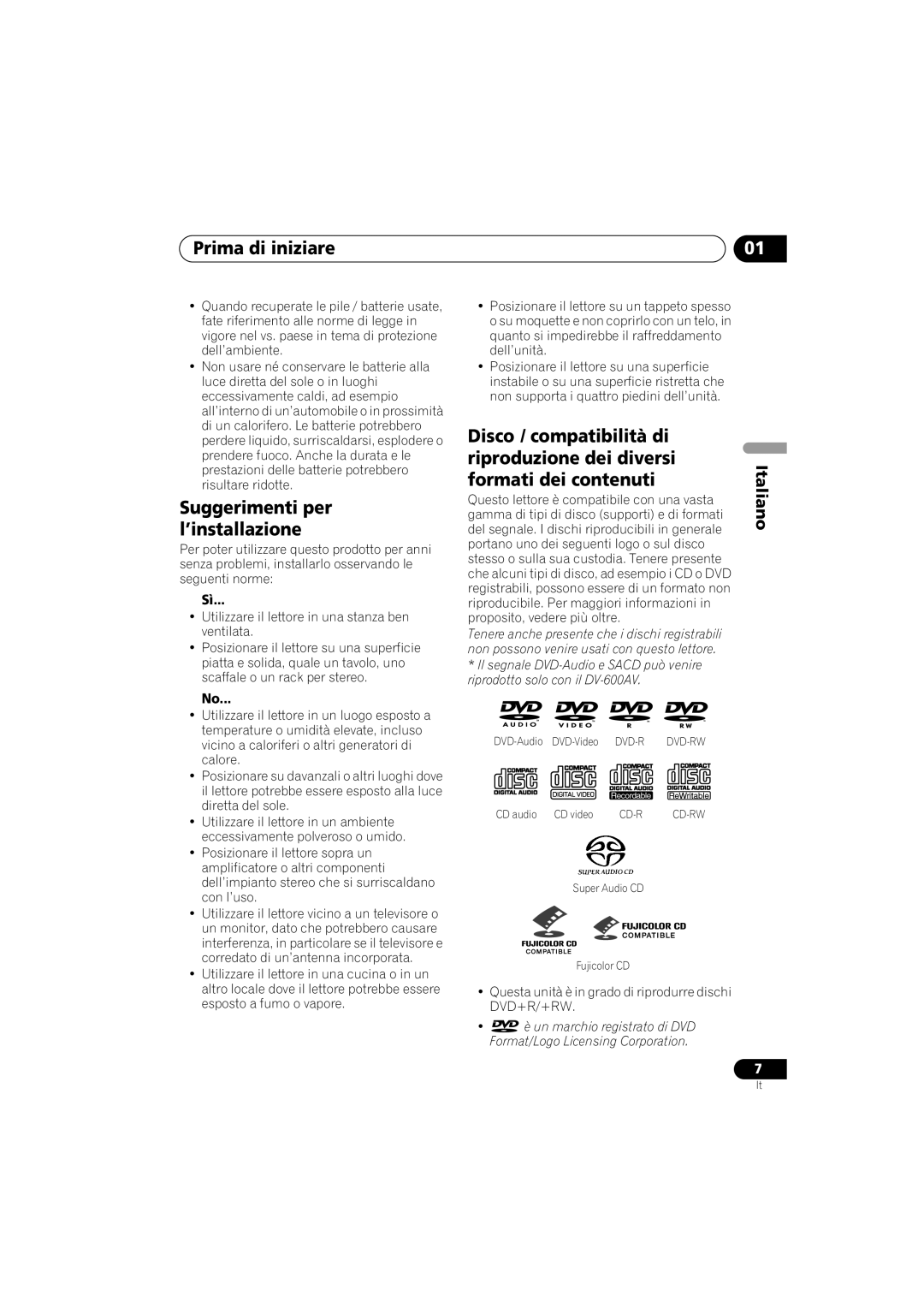 Pioneer DV-400V-K, DV-600AV-K operating instructions Suggerimenti per l’installazione 