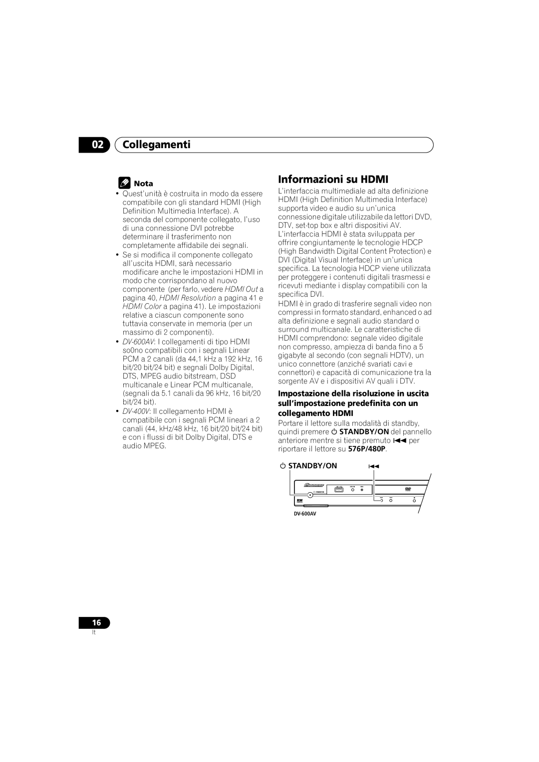 Pioneer DV-600AV-K, DV-400V-K operating instructions Informazioni su Hdmi, Nota 