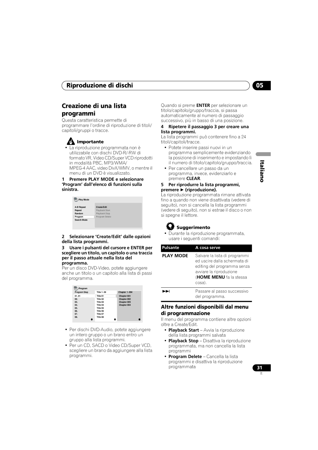 Pioneer DV-400V-K, DV-600AV-K operating instructions Riproduzione di dischi Creazione di una lista programmi 