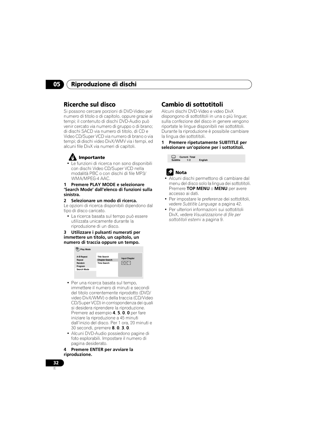 Pioneer DV-600AV-K, DV-400V-K operating instructions Riproduzione di dischi Ricerche sul disco, Cambio di sottotitoli 