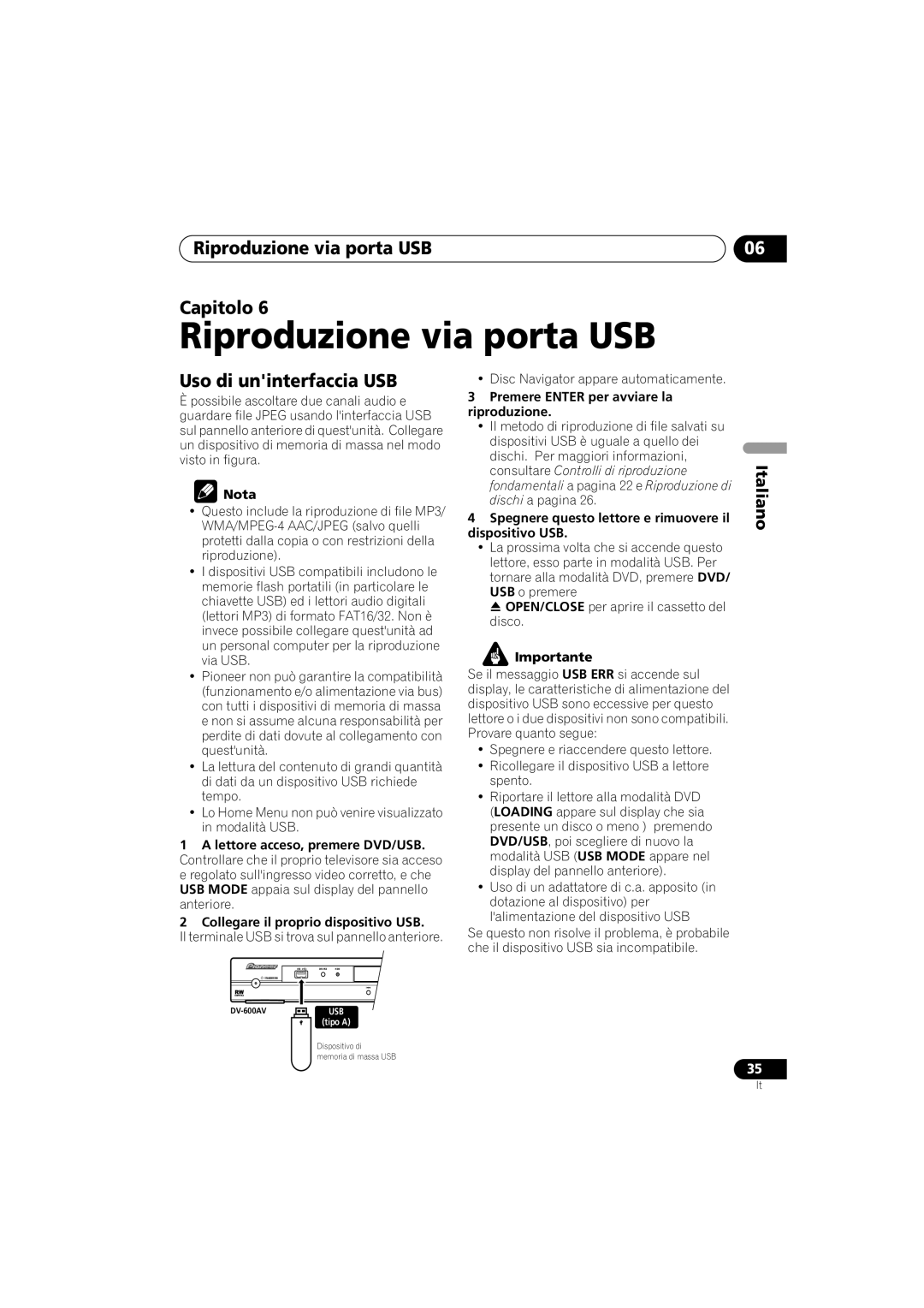 Pioneer DV-400V-K, DV-600AV-K operating instructions Riproduzione via porta USB Capitolo, Uso di uninterfaccia USB 