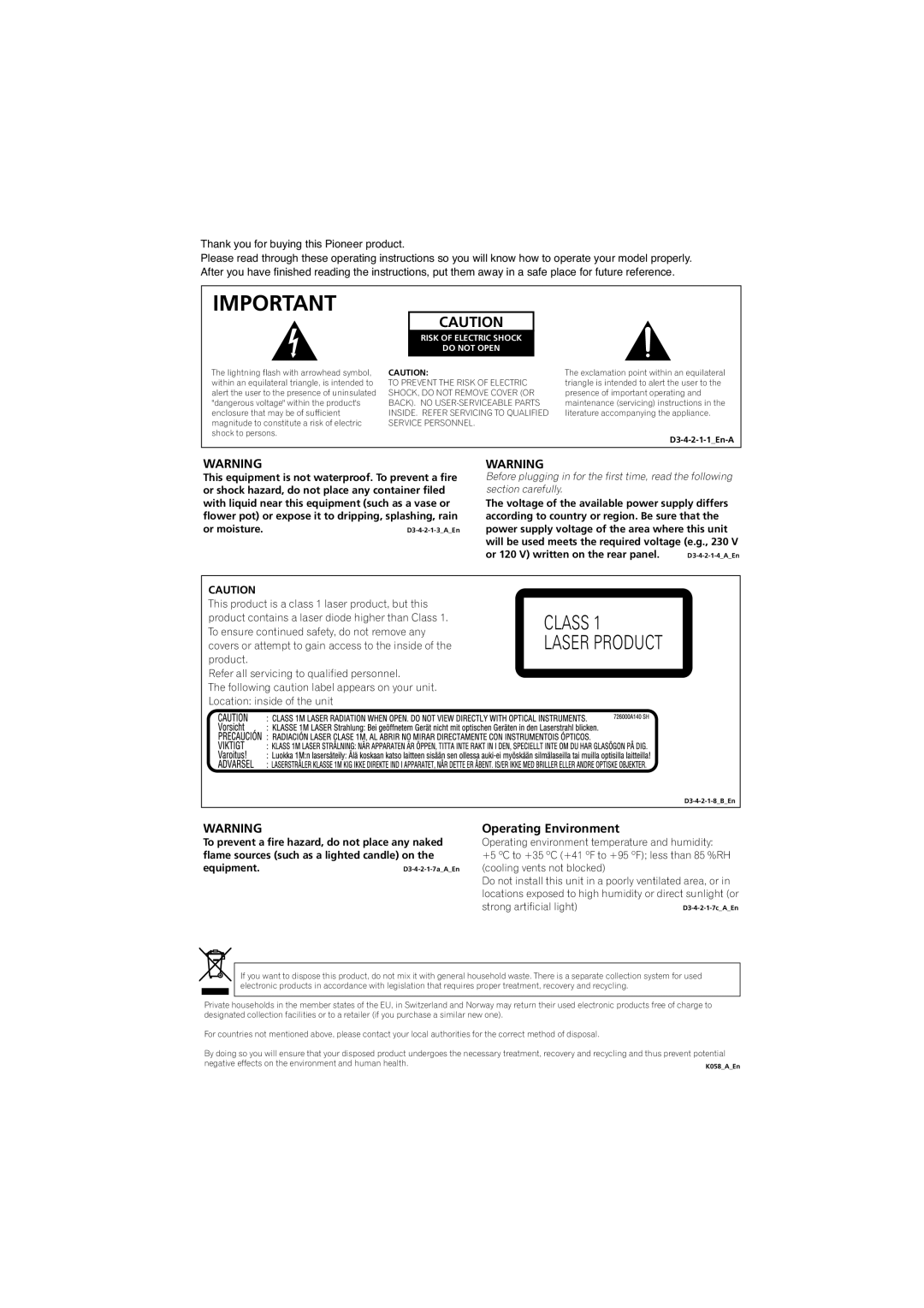 Pioneer DV-600AV-S operating instructions Operating Environment, Risk of Electric Shock Do not Open 