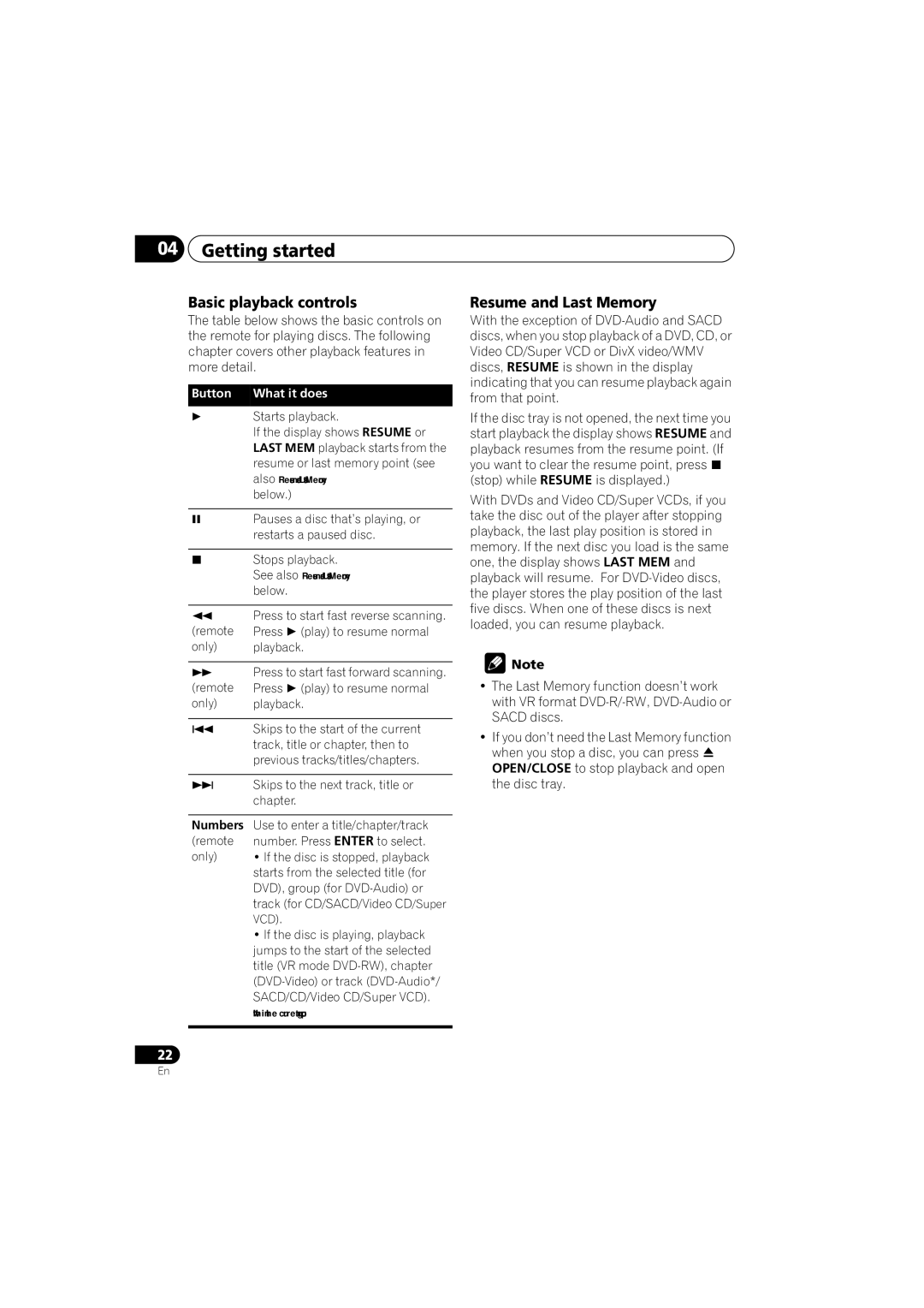 Pioneer DV-600AV-S operating instructions Getting started, Basic playback controls, Resume and Last Memory, Numbers 