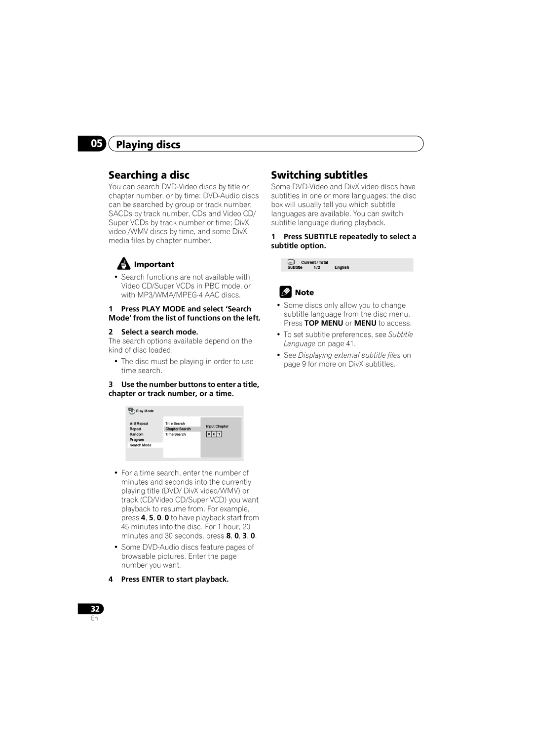 Pioneer DV-600AV-S operating instructions Playing discs Searching a disc, Switching subtitles, Select a search mode 