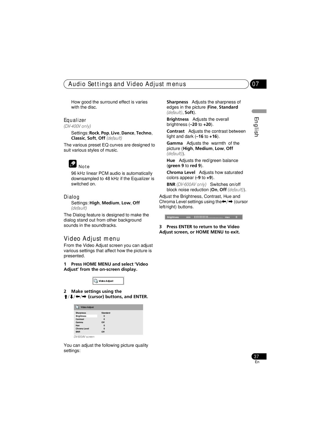 Pioneer DV-600AV-S Audio Settings and Video Adjust menus, Equalizer, Dialog, Make settings using Cursor buttons, and Enter 