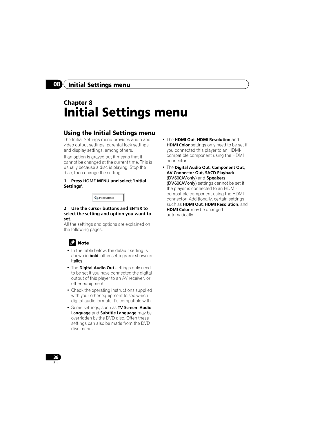 Pioneer DV-600AV-S operating instructions Initial Settings menu Chapter, Using the Initial Settings menu 