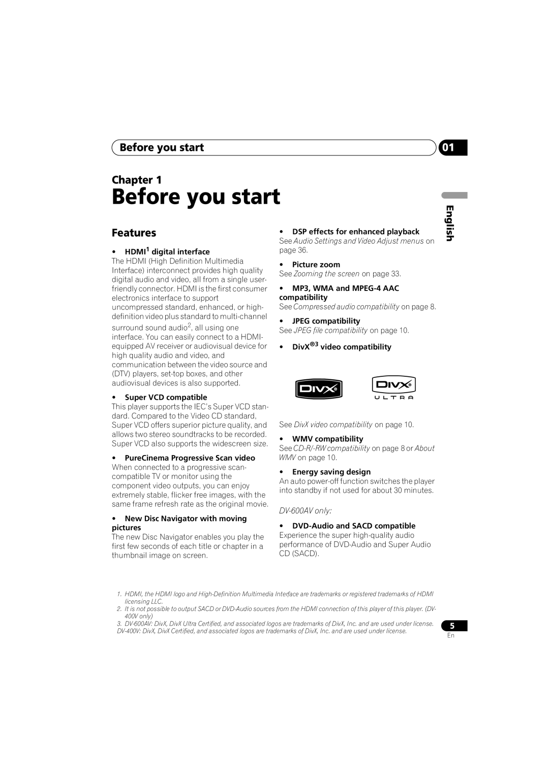 Pioneer DV-600AV-S operating instructions Before you start Chapter, Features 