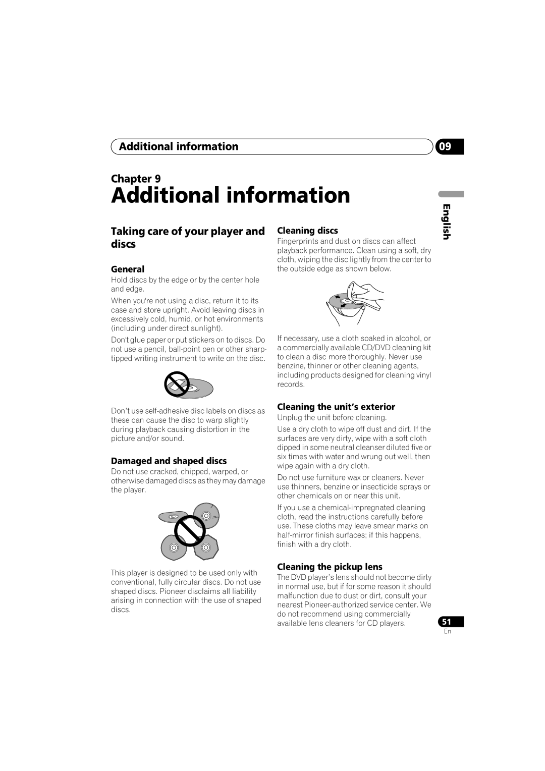 Pioneer DV-600AV-S operating instructions Additional information Chapter, Taking care of your player and discs 