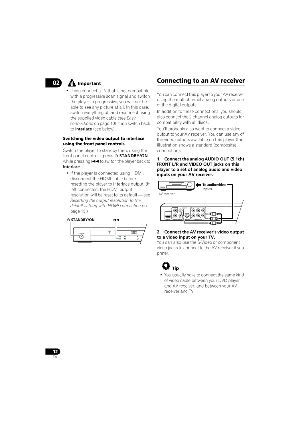 Pioneer DV-610AV-S, DV-610AV-K operating instructions Connecting to an AV receiver, Tip 