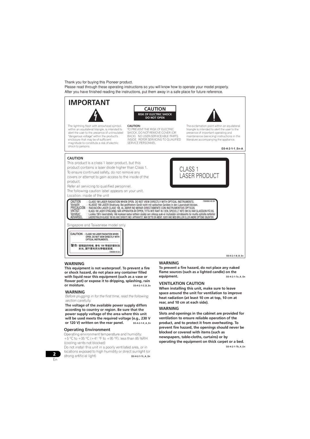 Pioneer DV-610AV-S, DV-610AV-K operating instructions Operating Environment, Ventilation Caution 