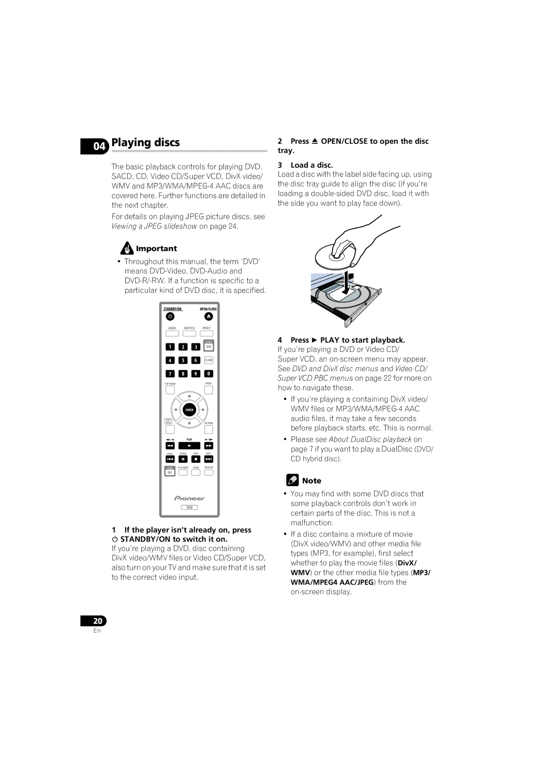 Pioneer DV-610AV-S, DV-610AV-K operating instructions Playing discs, Press  OPEN/CLOSE to open the disc tray Load a disc 