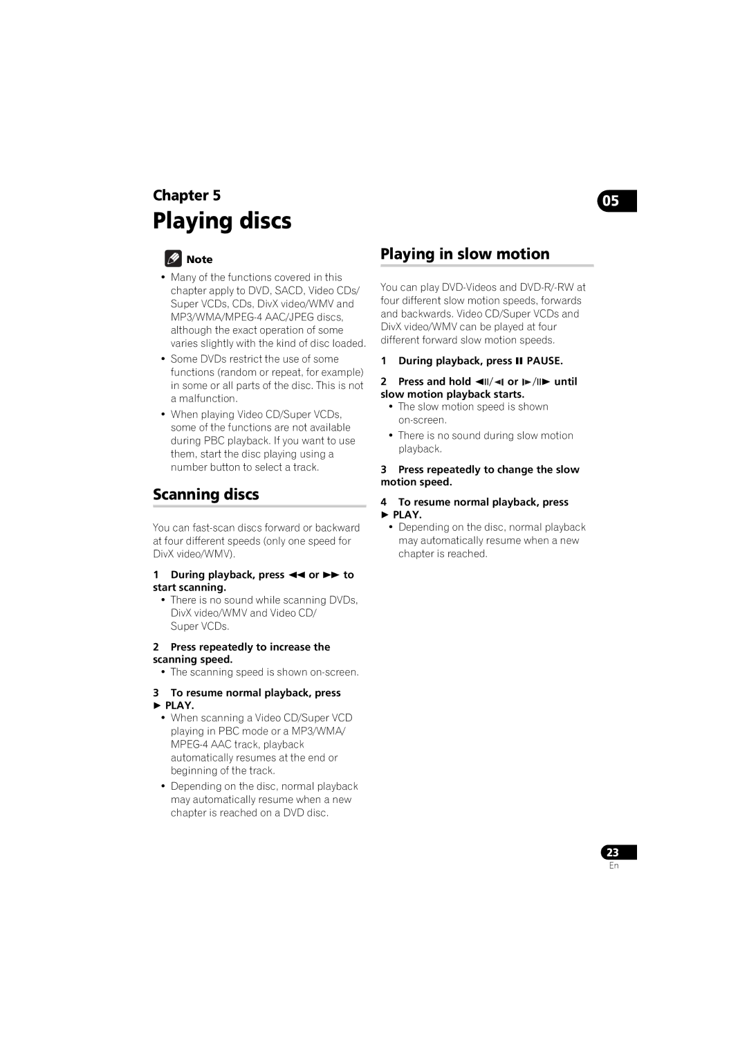 Pioneer DV-610AV-K, DV-610AV-S operating instructions Playing discs, Scanning discs, Playing in slow motion 