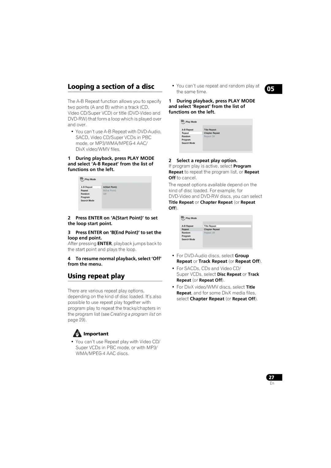 Pioneer DV-610AV-K Looping a section of a disc, Using repeat play, To resume normal playback, select ‘Off’ from the menu 